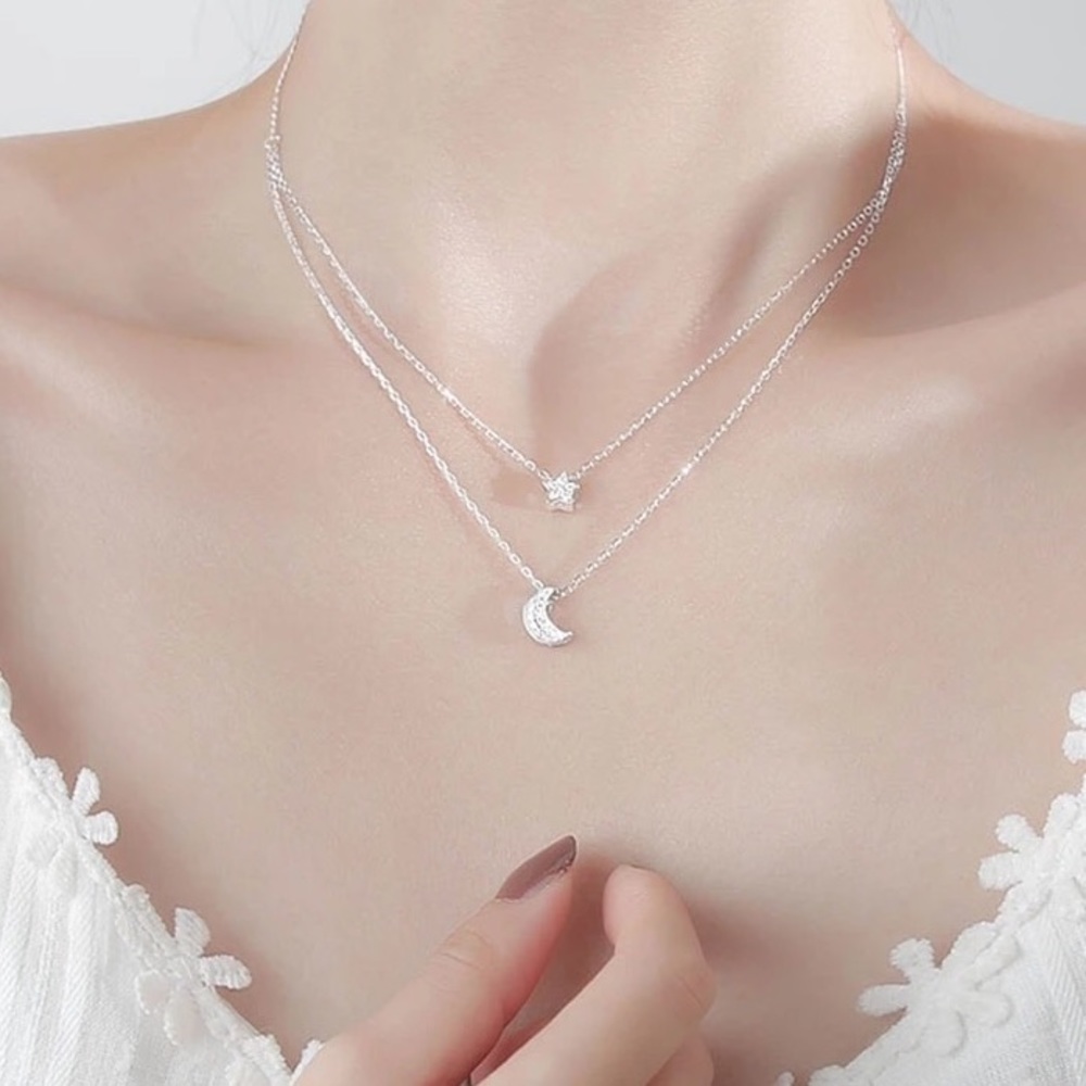 New Sterling Silver 925 Layered Star & Moon adjustable Necklace